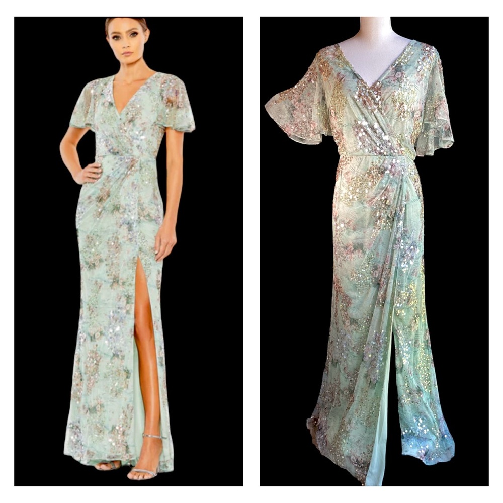 NWT Mac Duggal  Green Floral V Neck Column Gown. B28